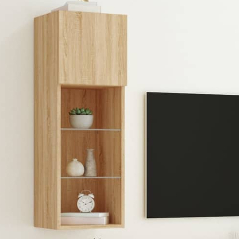 vidaXL Single Door 3 Open Shelf Sonoma Oak Narrow TV Cabinet with LED Light Set of 2 Image 1