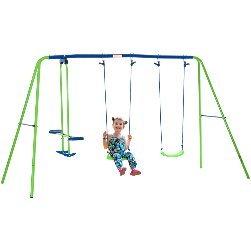 Outsunny Kids Metal 2 Swings and Seesaw Playground Set Image 3