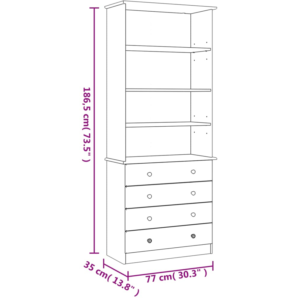vidaXL 4 Drawer 4 Shelf White Pine Wood Bookcase Image 9
