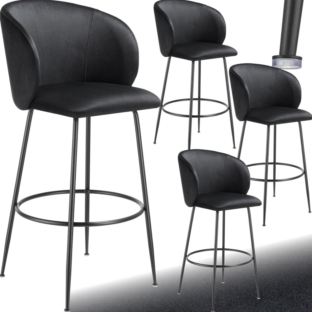tectake Luana Black Velvet Look Padded Bar Stool Set of 4 Image 2