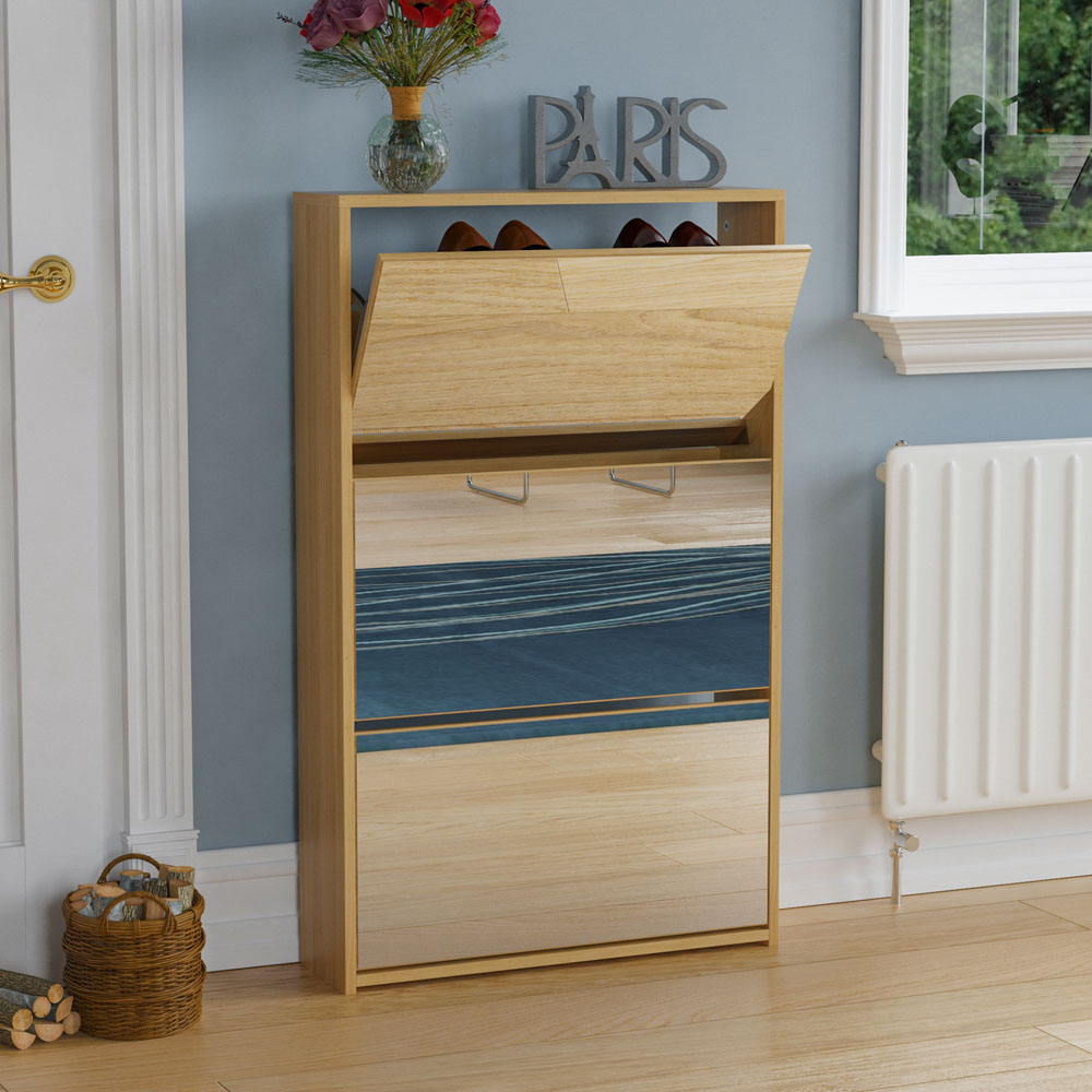 Home Vida Welham Oak 3-Drawer Mirrored Shoe Cabinet Rack Image 1