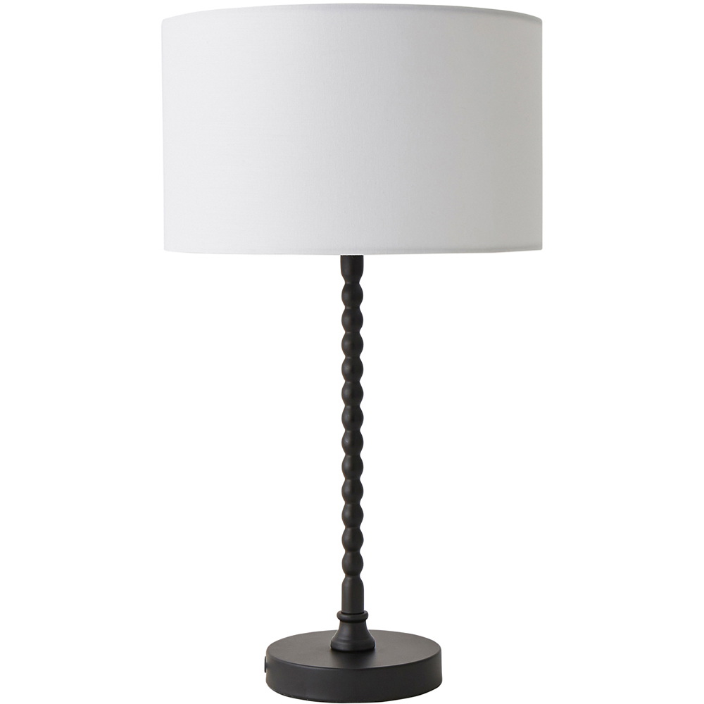 ValueLights Maeve White and Matte Black Fabric Drum Shade Bobbin Bobble Table Lamp and Bulb Image 1