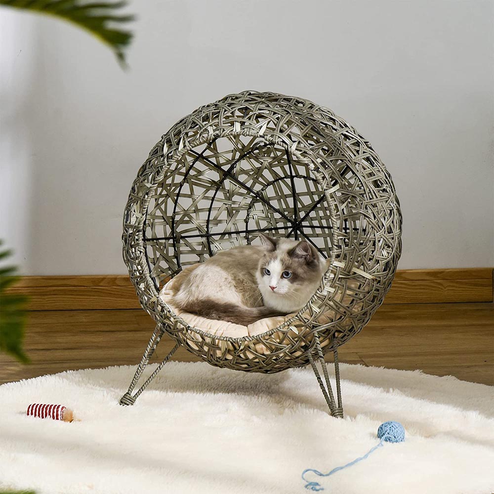 PawHut Woven Rattan Elevated Cat Bed Grey Image 8