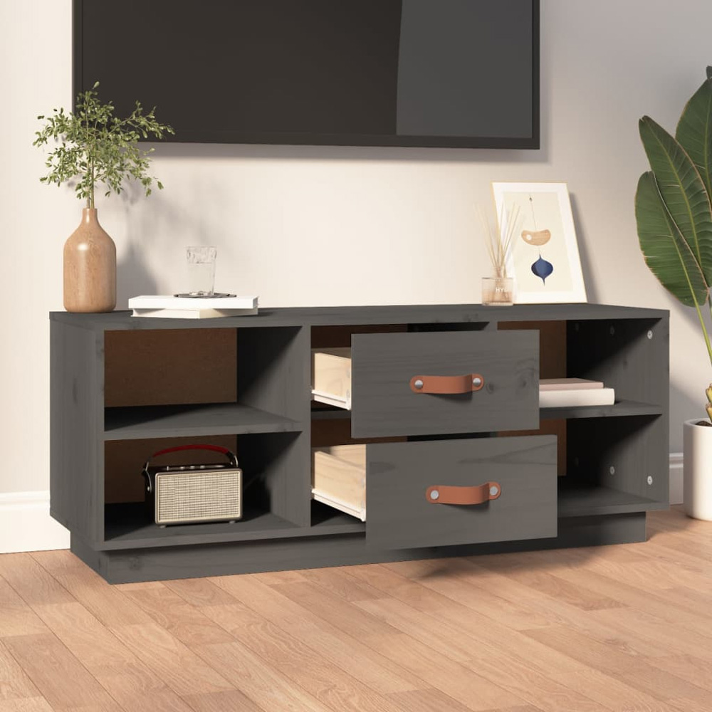 vidaXL 2 Drawer 4 Shelf Grey Solid Pine Wood TV Cabinet Image 3