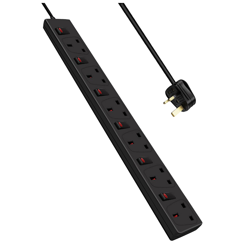 ExtraStar 13A 2m 6 Socket Child Resistant Black Extension Lead with Indicate Light and Individual Switch Image 1