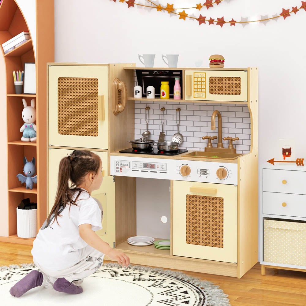 Costway Kids Yellow Wooden Kitchen Playset with Stove and Water Dispenser Image 4