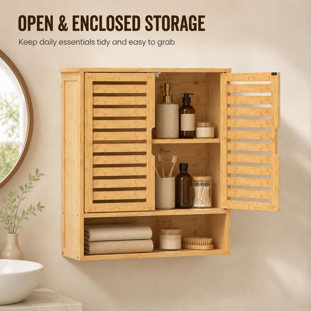 HOMCOM 2 Louvered Door Single Shelf Oak Wall-Mounted Bathroom Cabinet Image 5