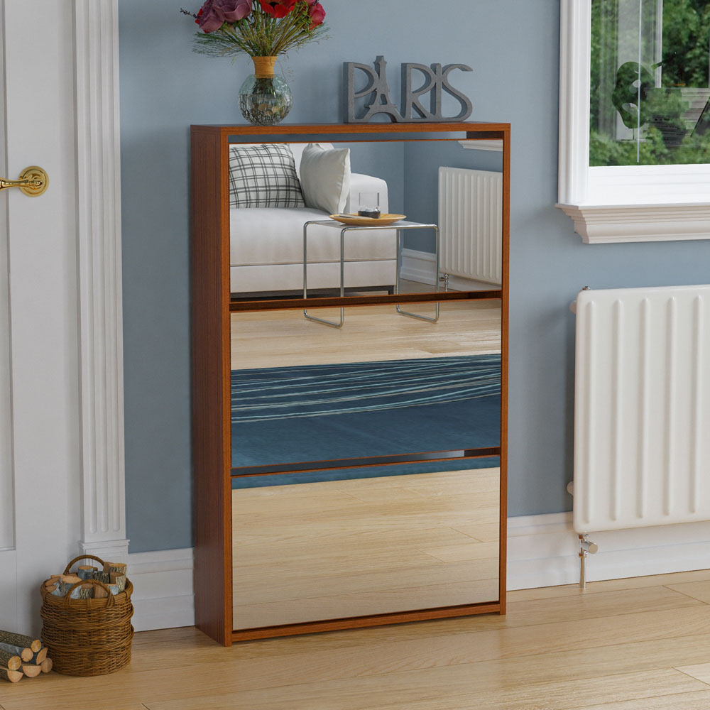 Home Vida Welham Walnut 3-Drawer Mirrored Shoe Cabinet Rack Image 1