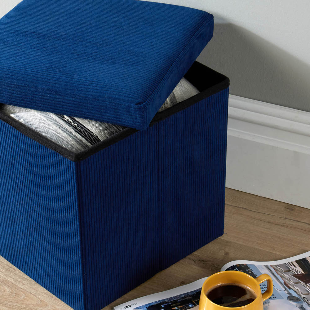 Home Source Blue Corduroy Upholstered Folding Ottoman Image 4