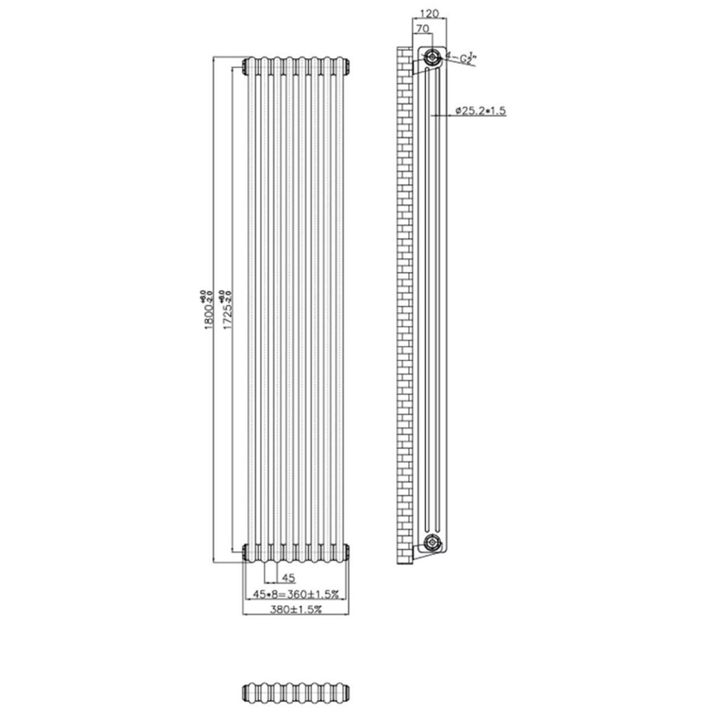 Go Bathrooms Clarence Raw Metal 3 Column 8 Section Radiator 1800 x 380mm Image 3