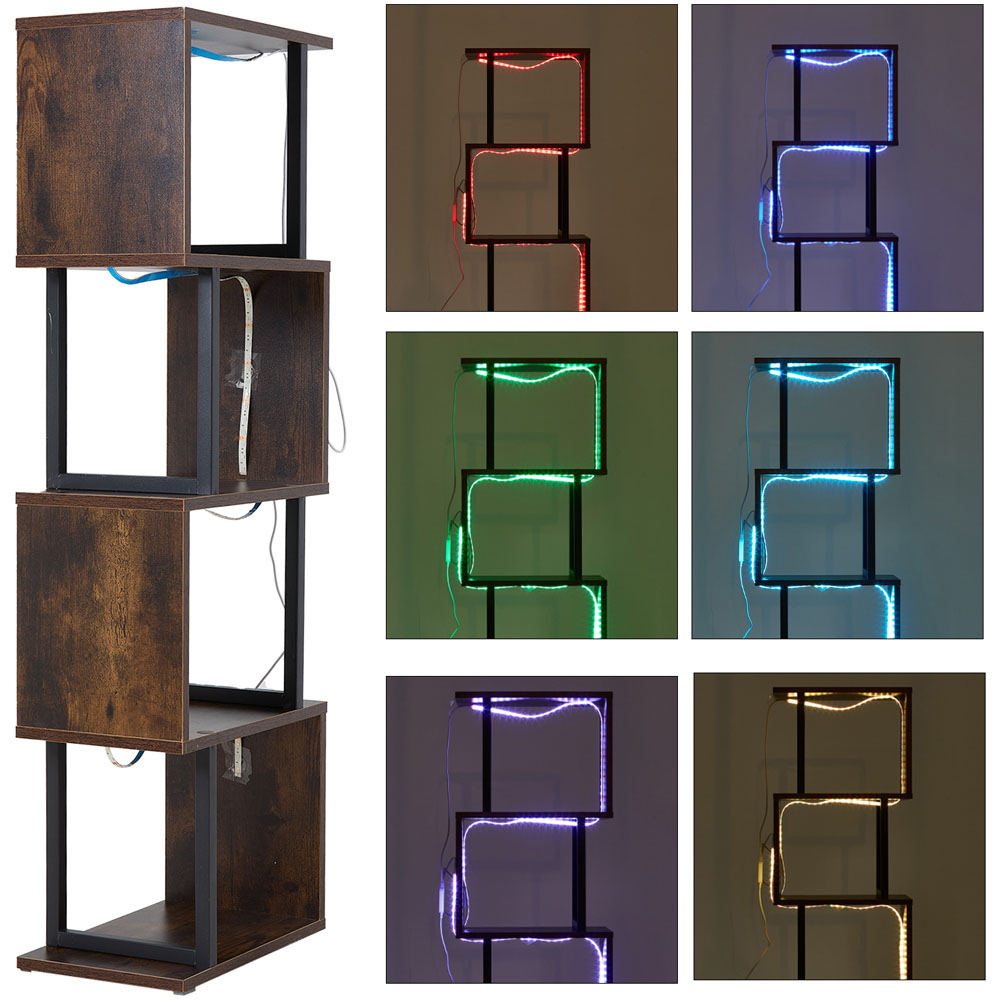 Living and Home 5 Shelf Black and Dark Wood S-Shaped Geometric Bookcase with LED Light Image 6