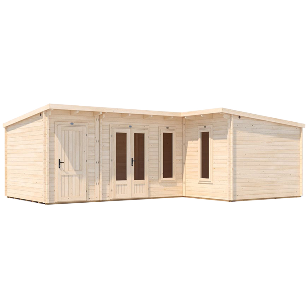 Dunster House HellWolf 25 x 16ft Brown L-Shaped Double Glazed Pent Garden Log Cabin Image 1