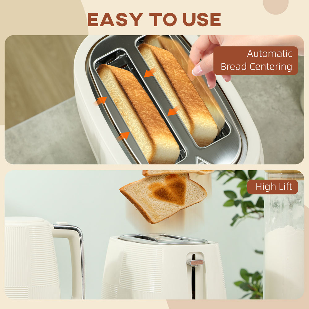 HOMCOM 800-233V70CW Cream 1.7L Fast Boil Electric Kettle 3000W and 2 Slice Water Toaster Set Image 4