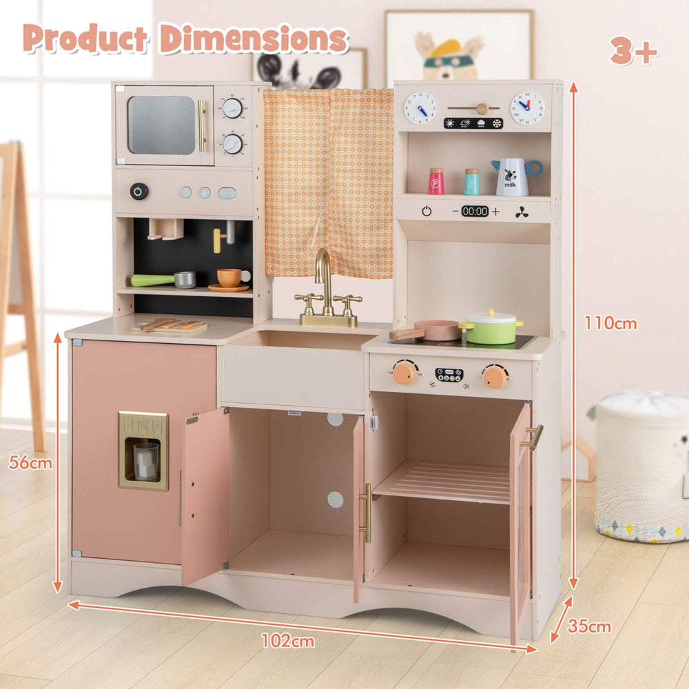 Costway Pink Kids Wooden Play Kitchen with Microwave and Ice Maker and Sound Image 7