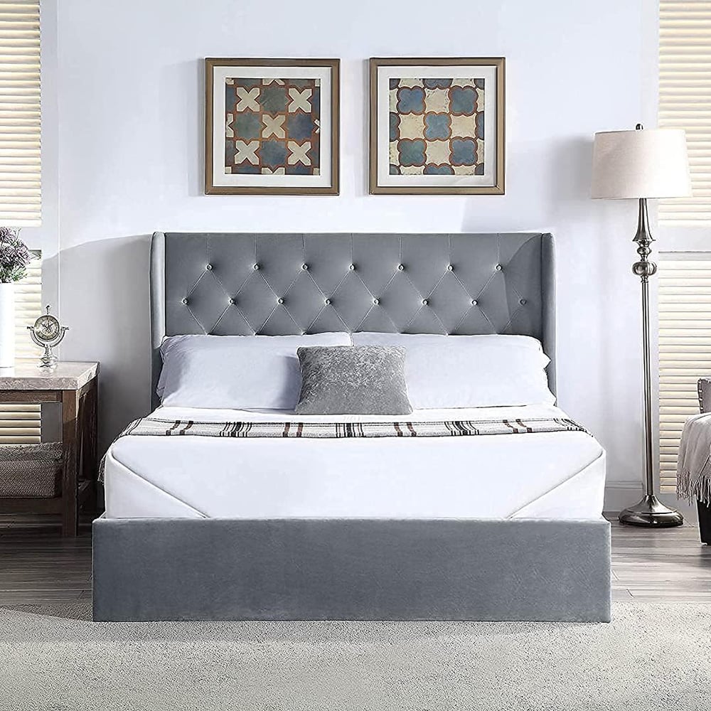 Home Treats King Size Grey Velvet Winged Headboard Ottoman Bed Frame Image 2