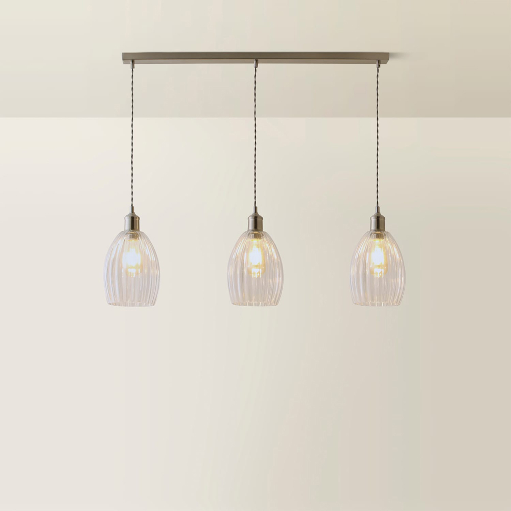 ValueLights Cheltenham Ribbed Shades Brushed Gold 3 Drop Bar Ceiling Light with Bulbs Image 5