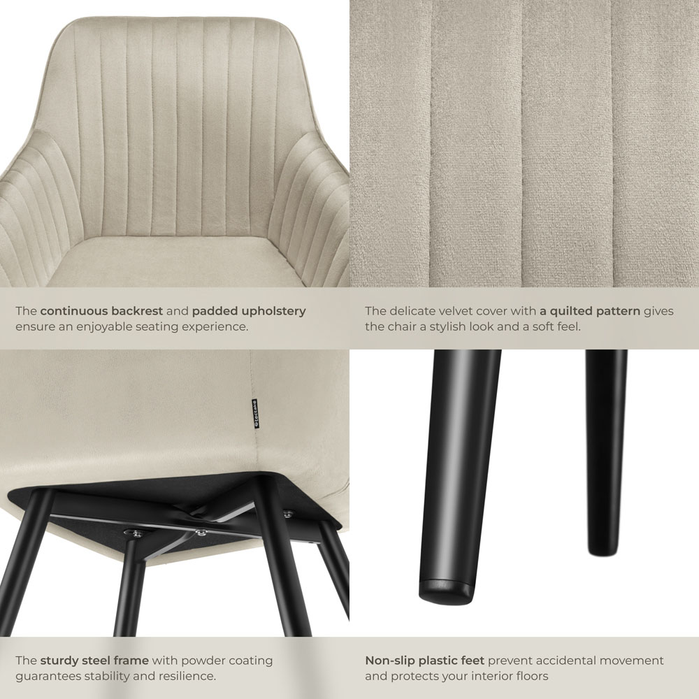 tectake Marilyn Set of 2 Cream and Black Quilted Velvet Continuous Backrest Chair Image 5