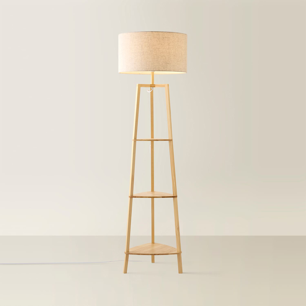ValueLights Hiru 3 Shelf Linen Drum Shade Natural Wooden Floor Lamp with Bulb Image 3