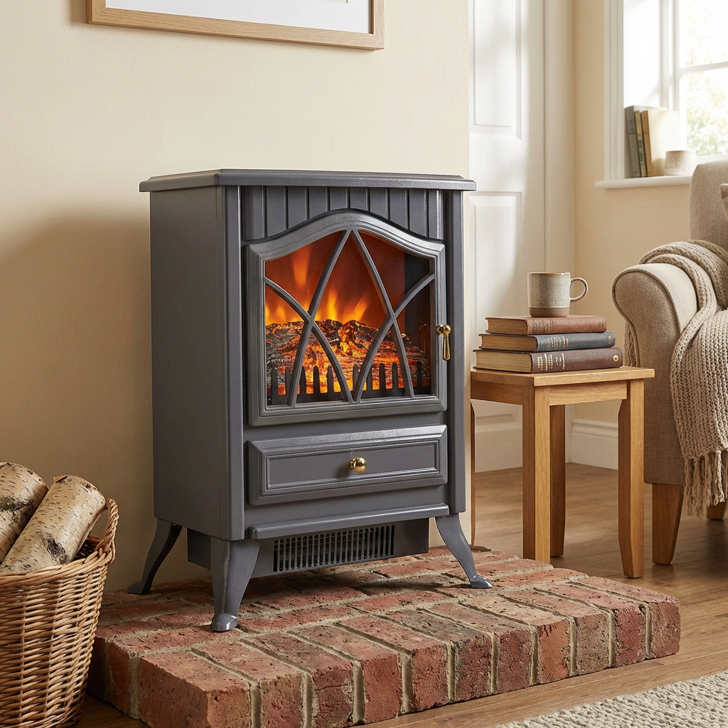 Grey Freestanding Log Effect Stove Fireplace Heaters Image 5
