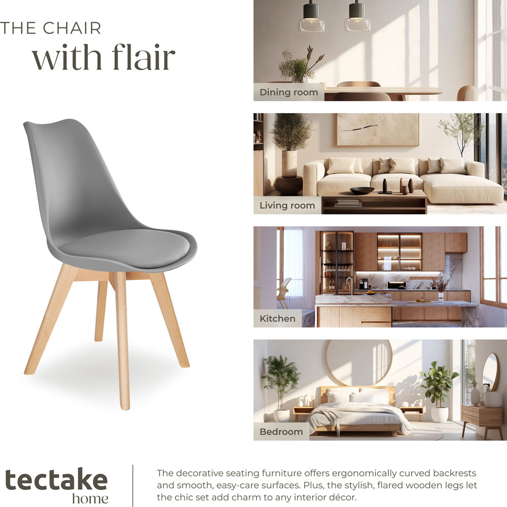 tectake Frederikke Set of 2 Grey Padded Dining Chair with Wooden Legs Image 7
