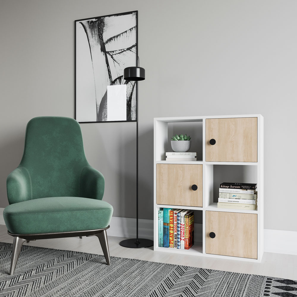 Decorotika Tilton 3 Door 3 Open Shelf White and Oak Bookcase Image 4