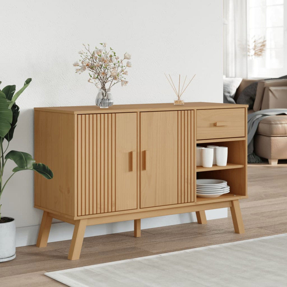 vidaXL 2 Door Single Drawer 2 Shelf Brown Pine Wood Sideboard Image 3
