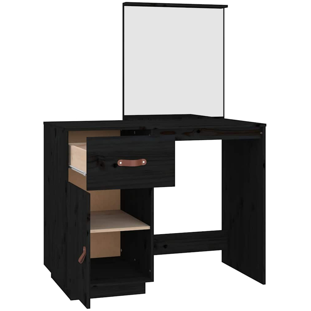 vidaXL Single Door Single Drawer Black Solid Wood Pine Dressing Table with Mirror Image 3