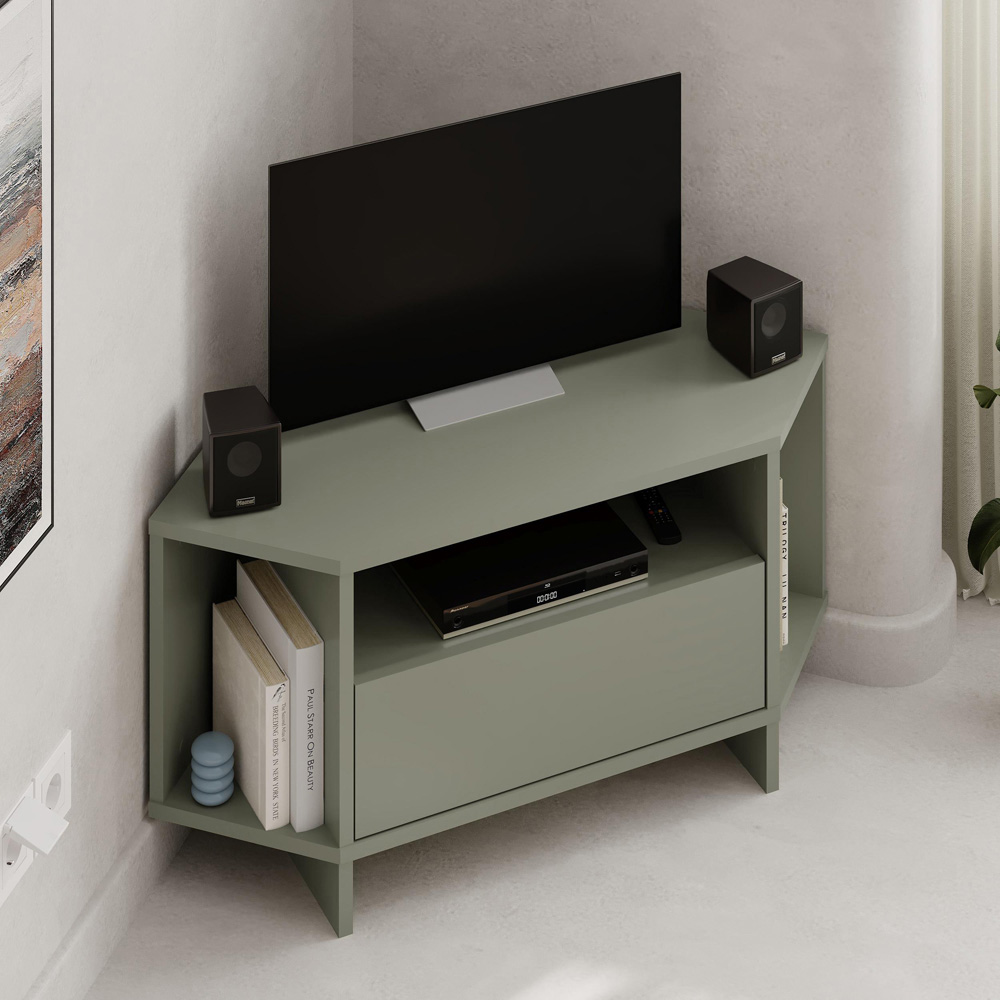 Decortie Viva 3 Shelf Single Cabinet Ash Green Finish Modern Corner TV Stand Image 5