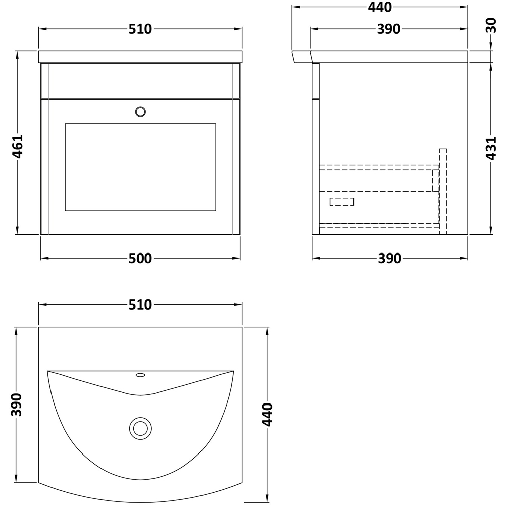 nuie Classique Single Drawer Satin Grey Wall Hung Unit and 1 Tap Hole Curved Basin 500mm Image 2