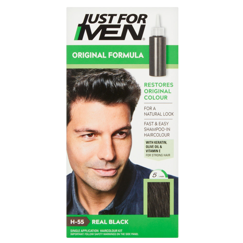 Just For Men Natural Real Black Hair Colour  - wilko The World's No. 1 Men's Hair colour. Targets only the grey hair and replaces it with subtle tones that match your natural hair colours.  Rejuvenates hair and leaves hair thicker and fuller looking. No damaging ammonia. Lasts until the grey grows back. Picking your shade is easy. The amount of grey you have guides which shade is best for you. If your natural hair colour is Medium Brown with a lot of grey, this shade is right for you.  If you have little to moderate grey, a lighter shade may give a better result.   Safety Warning; Read and follow instructions. This product is not intended for use on persons under the age of 16. Temporary 'black henna' tattoos may increase your risk of allergy. Do not colour your hair if: You have a rash on your face or sensitive, irritated and damaged scalp.  You have ever experienced any reaction after colouring your hair. You have experienced a reaction to a temporary 'black henna' tattoo in the past. Avoid contact with eyes. Rinse immediately if product comes into contact with eyes. Do not use to dye eyelashes or eyebrows.  Rinse hair well after application. Wear gloves provided. Read and follow instructions on enclosed leaflet. Contains hydrogen peroxide, resorcinol and phenylenediamines. Some people may have an allergic reaction to hair colourants. Conduct a skin allergy patch (alert) test 48 hours before each time you colour, even if you have already used colouring products before.  Pack contains 1x each 30ml colour base, 30ml natural colour developer and pair of gloves. Non-permanent colour, lasts up to 6 weeks. One application. Caution; contains resorcinol, phenylenediamines and hydrogen peroxide. Warning! Hair colorants can cause severe allergic reactions. Keep out of reach of children. For external use only. Always read instructions carefully before use.