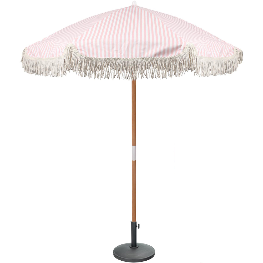 Harbour Housewares Pastel Pink Stripe Tassel Fringed Wooden Garden Parasol and Base Set 1.4m Image 1