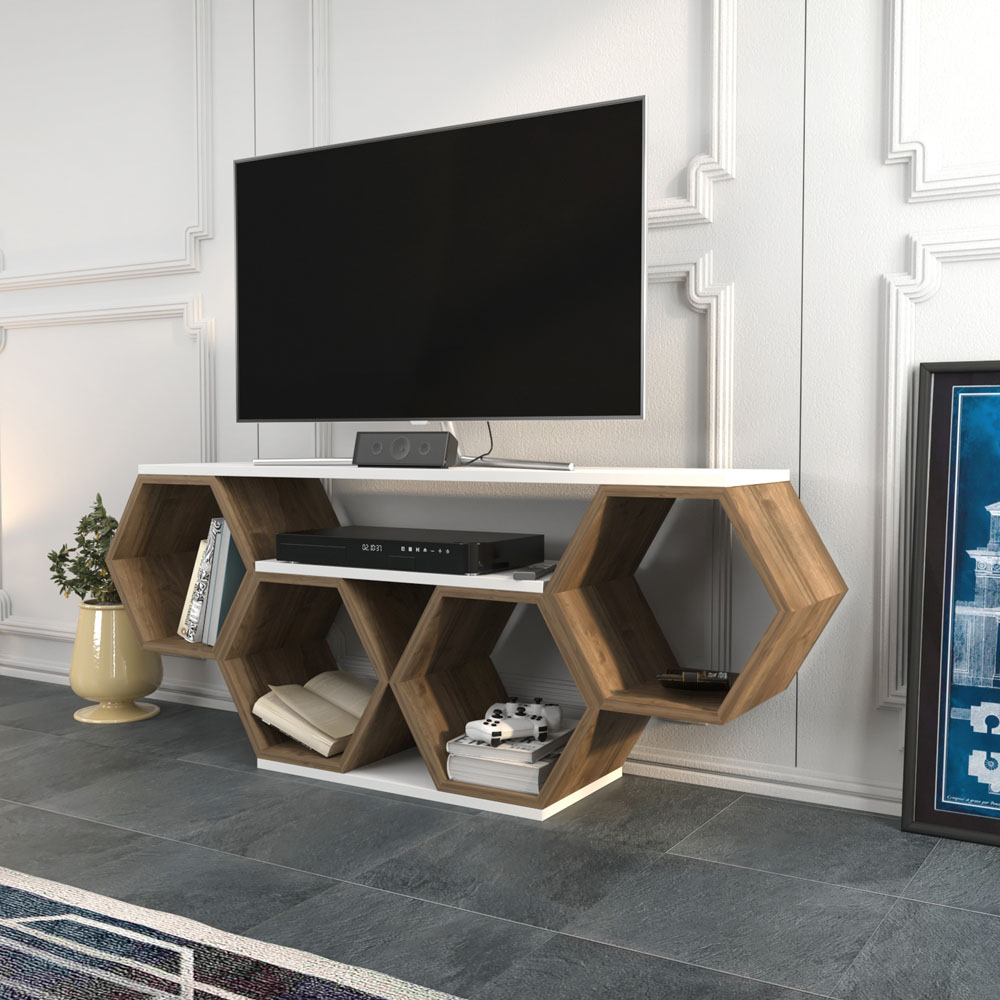 Decorotika Honey White and Walnut Wide Hexagonal TV Unit Image 3
