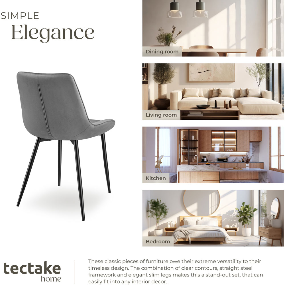 tectake Monroe Set of 6 Grey Velvet Padded Dining Chair Image 7