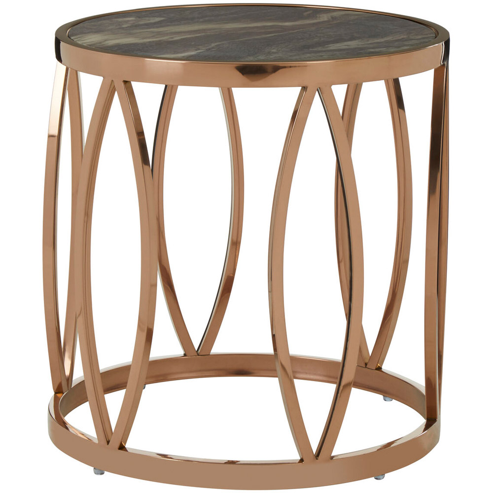 Premier Housewares Tula Rose Gold Leaf Design Round Side Table with Faux Marble Top Image 2