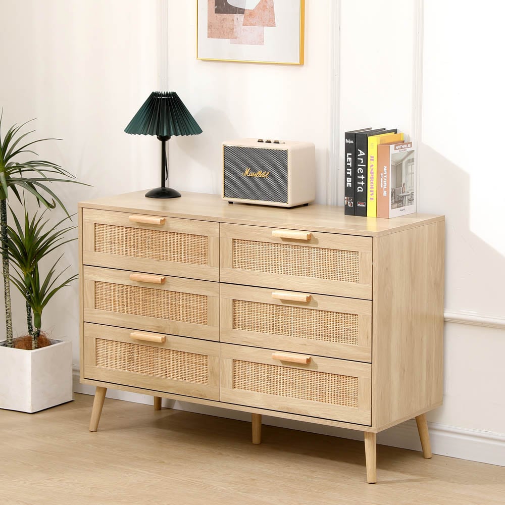 FurnitureHMD 6 Drawer Natural Rattan Woven Front Wooden Chest of Drawers Image 8