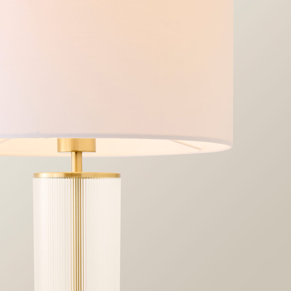 ValueLights Calin White Drum Shade Brushed Gold Ribbed Glass Table Lamp with Bulb Image 4