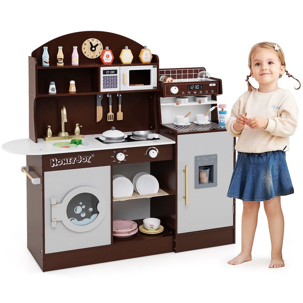 Costway Brown Kids Wooden Kitchen Play Set with Clock and Microwave Image 4