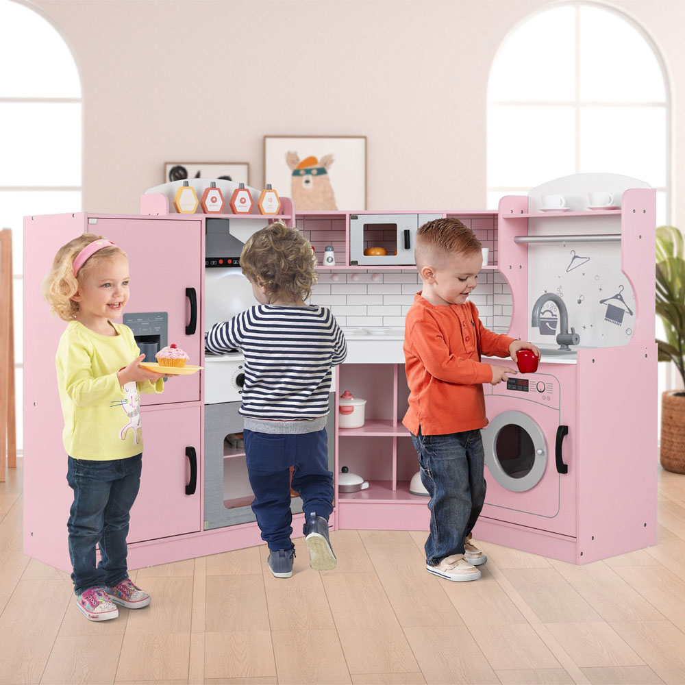 Costway Pink Wooden Corner Play Kitchen with Sounds and Lights Image 2