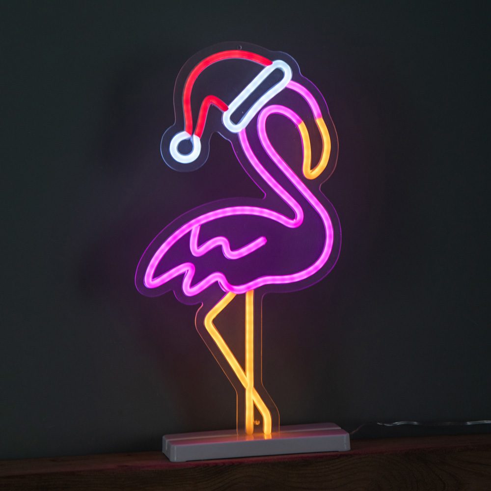 Samuel Alexander Multicolour LED Light Up Neon Flamingo with Santa Hat and Base Christmas Decoration Image 1