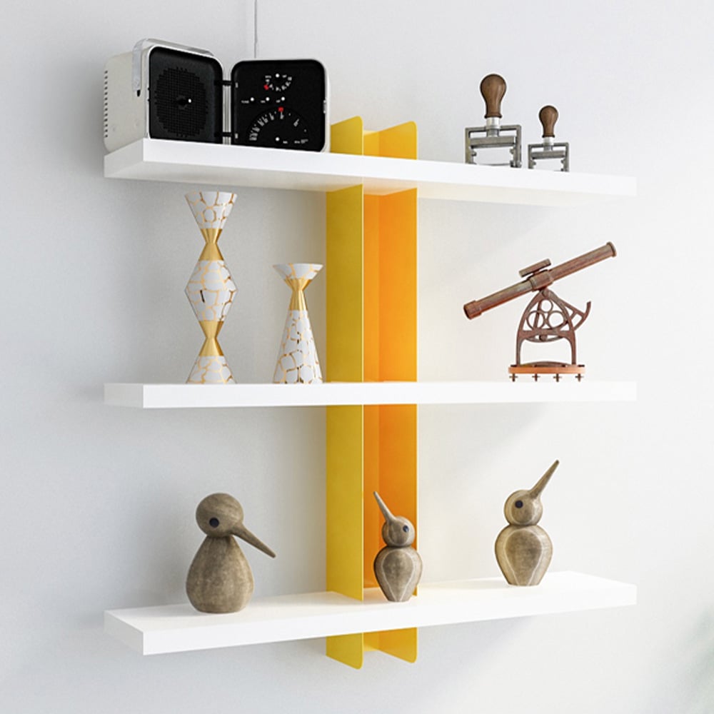 Decorotika Mita 3 Shelf White and Yellow Adjustable Wall Mounted Display Unit Image 1