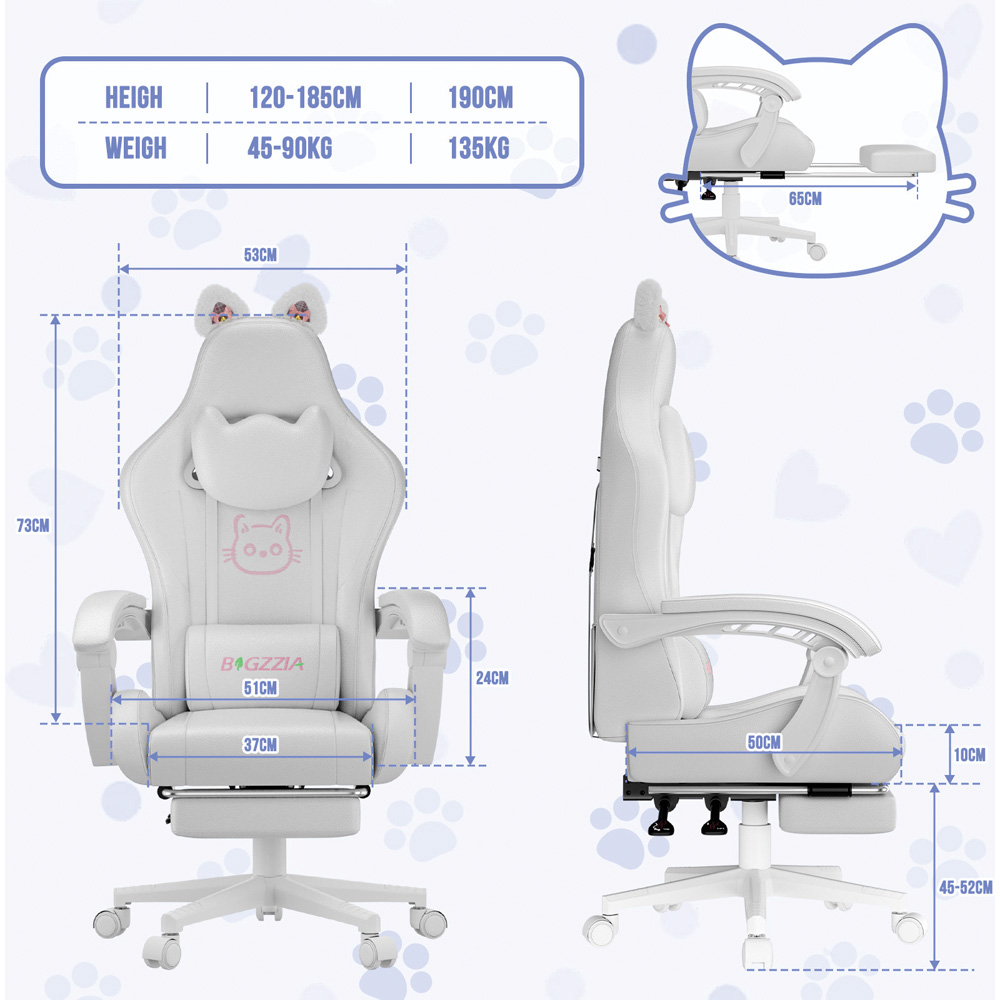 Rattrix White Cat Ears Gaming Chair with Massage Lumbar Support and Footrest Image 8