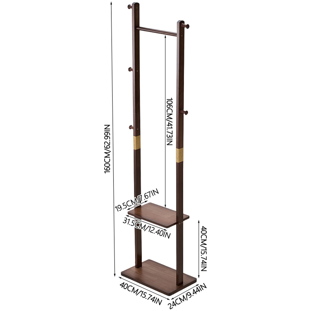 Living and Home Single Shelf Walnut Freestanding Clothes Rack with 5 Hooks Image 8