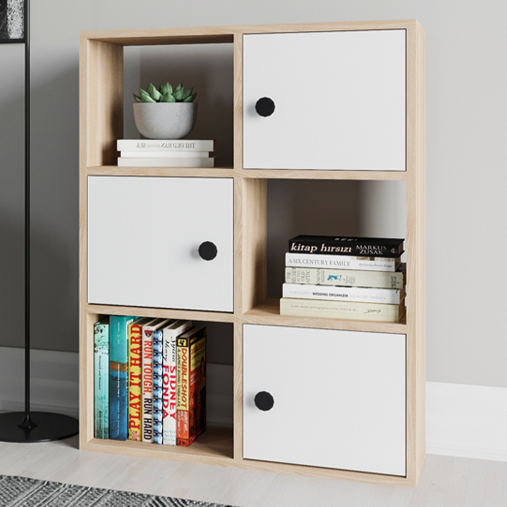 Decorotika Tilton 3 Door 3 Open Shelf Oak and White Bookcase Image 1
