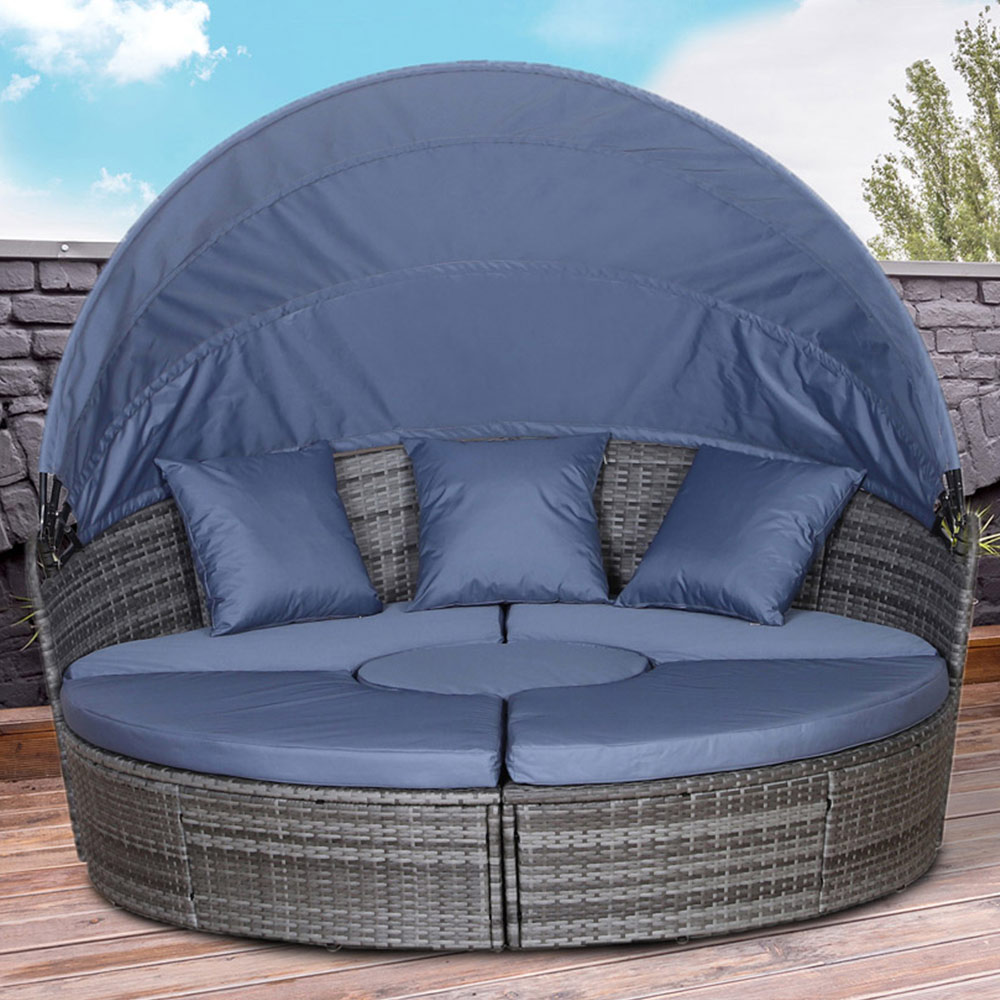 Outsunny 6 Seater Grey Rattan Round Lounge Set with Retractable Canopy Image 1