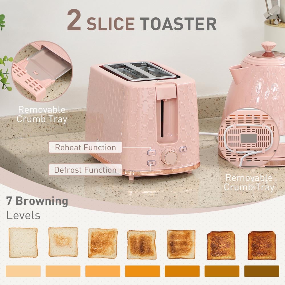HOMCOM 800-181V70PK Light Pink 1.7L Kettle and 2 Slice Toaster Set Image 5