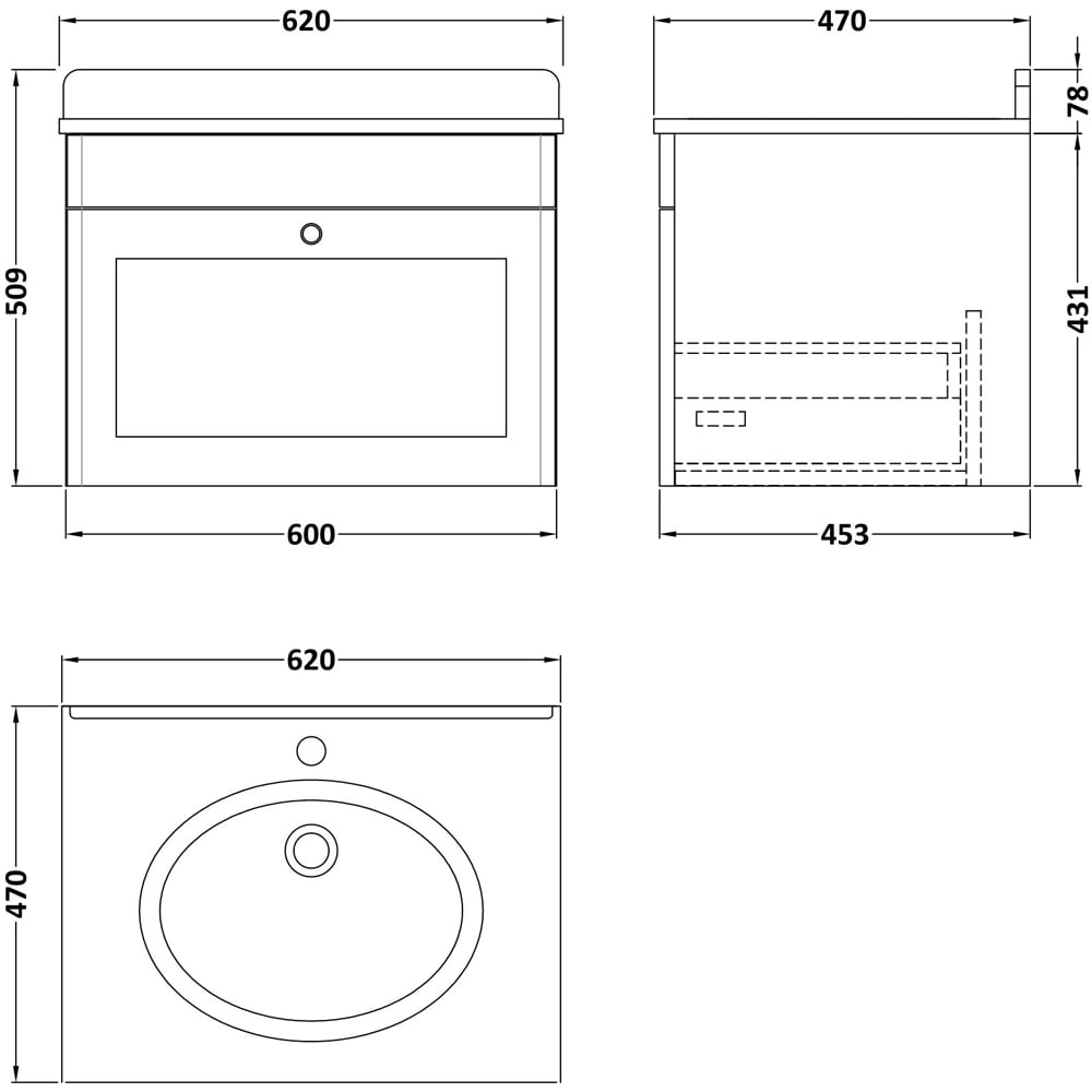 nuie Classique Single Drawer Soft Black Wall Hung Unit and 1 Tap Hole Marble Basin 600mm Image 3