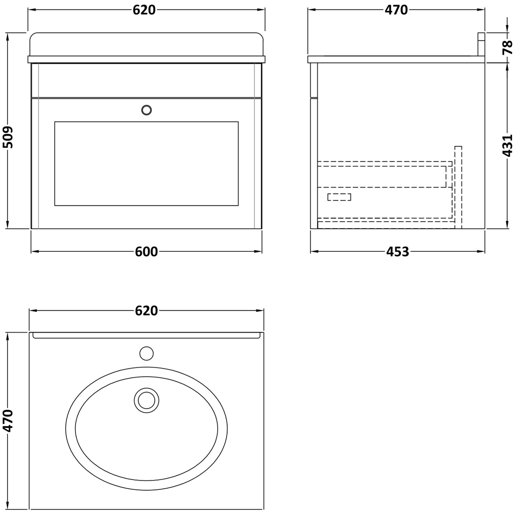 nuie Classique Single Drawer Soft Black and White Wall Hung Unit and 1 Tap Hole Marble Basin 600mm Image 3