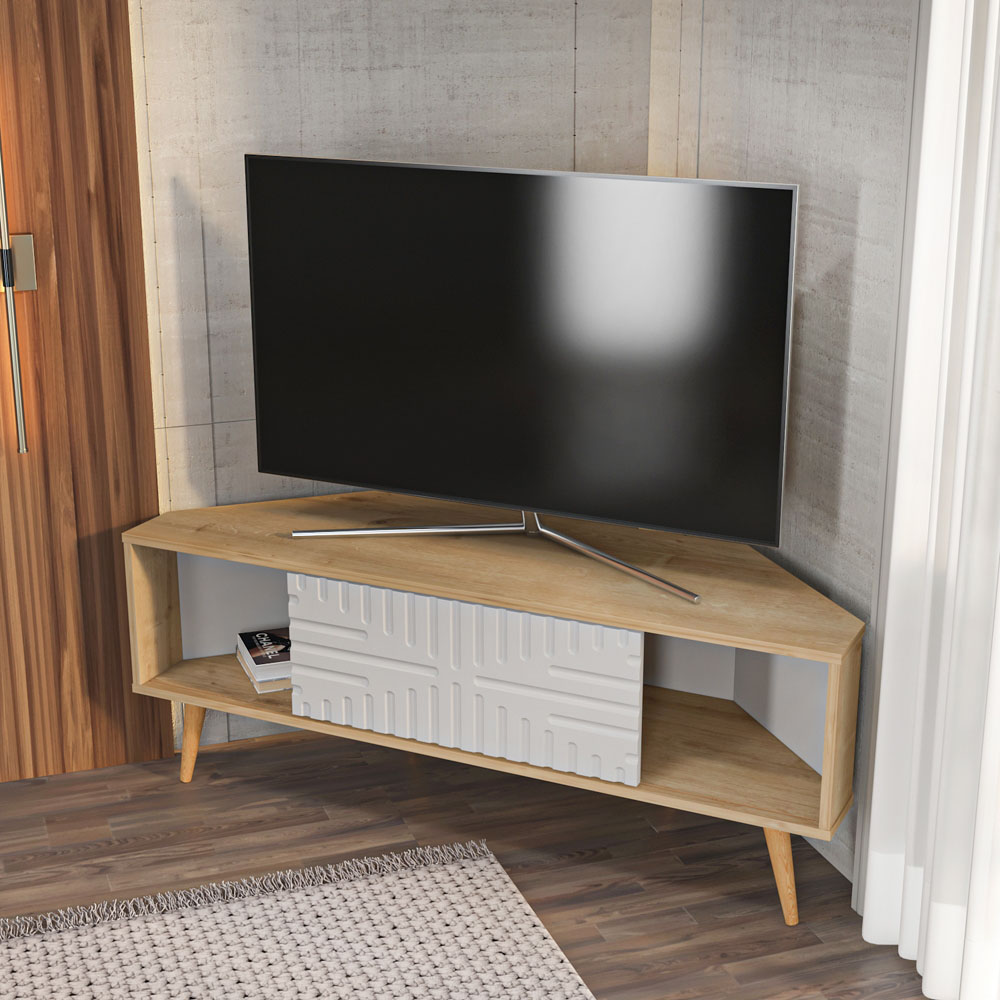 Decorotika Mora Single Sliding Door Sapphire Oak and White Corner TV Unit Image 4