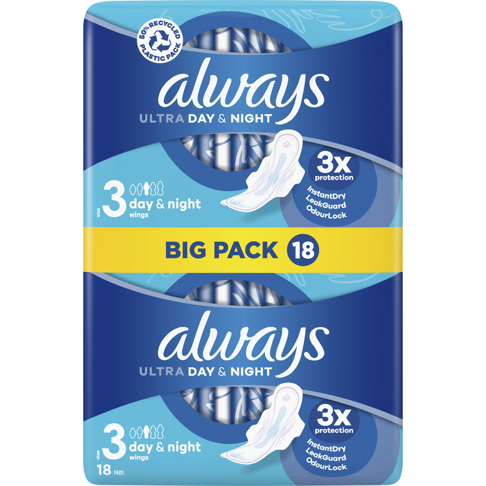 Always Ultra Day and Night Sanitary Towels with Wings Size 3 x 18 Pads Image 1