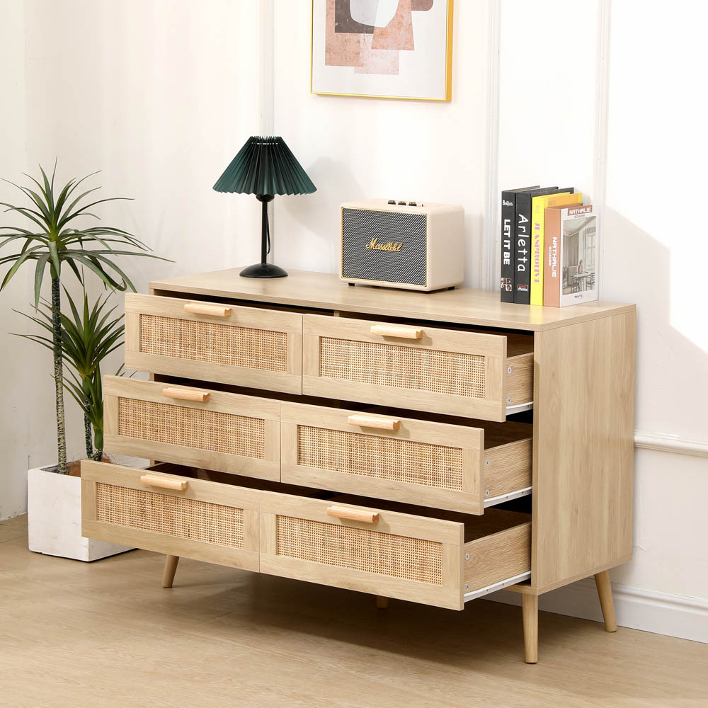 FurnitureHMD 6 Drawer Natural Rattan Woven Front Wooden Chest of Drawers Image 7